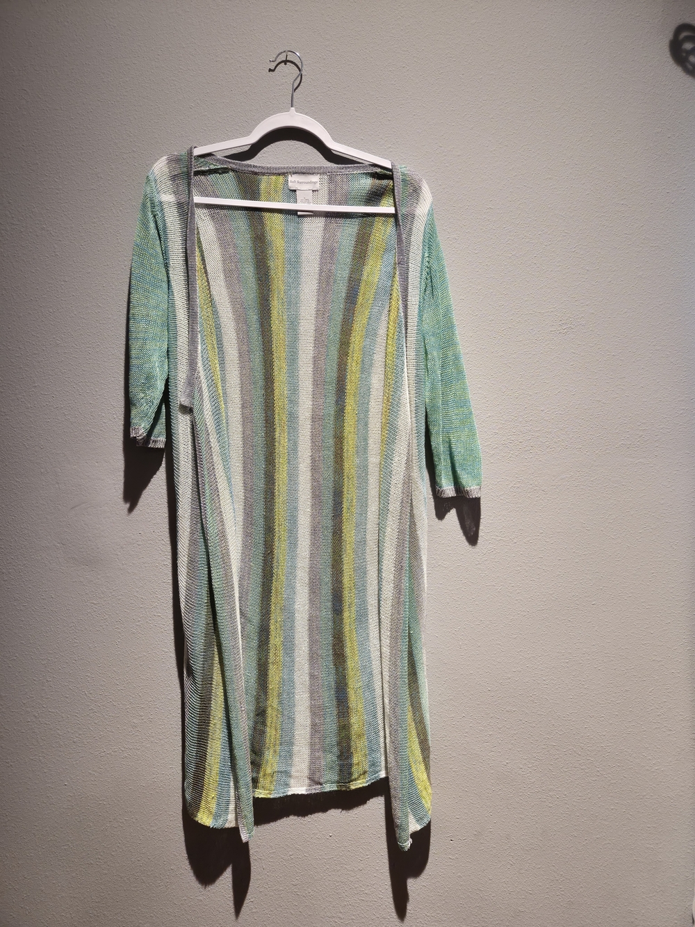 Soft Surroundings Striped Lightweight Open Cardigan in Mint, Gray & Yellow